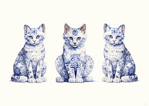 Trois chats assis en bleu de Delft