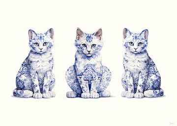 Three seated cats in Delft Blue by Lauri Creates