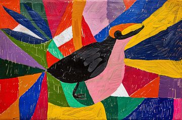 Kleurrijk abstract schilderij van een vogel van De Muurdecoratie