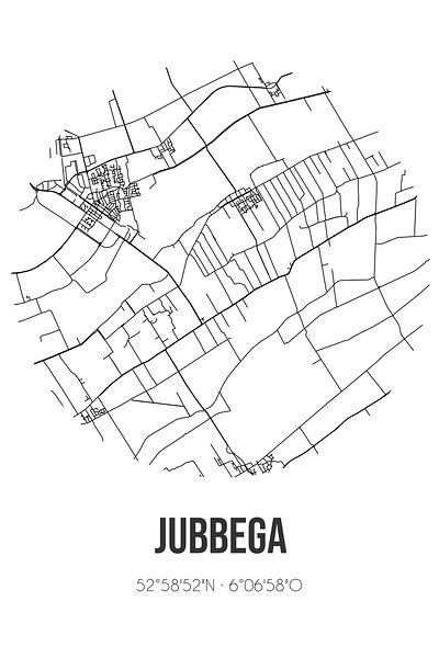 Jubbega (Fryslan) | Map | Black and white by Prints of Place