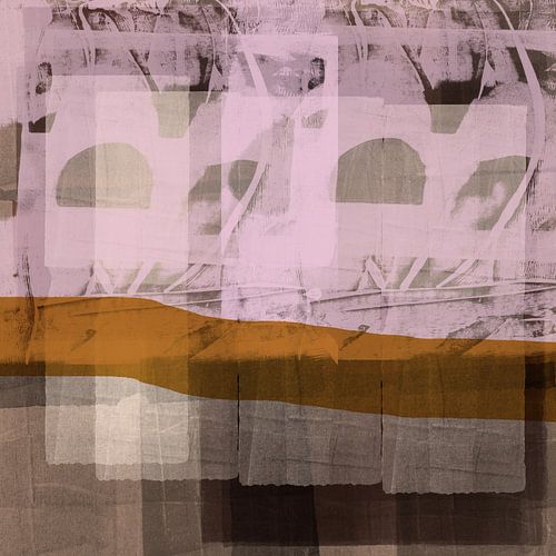 Modern abstract landschap. Neonroze, warm oker, taupe.