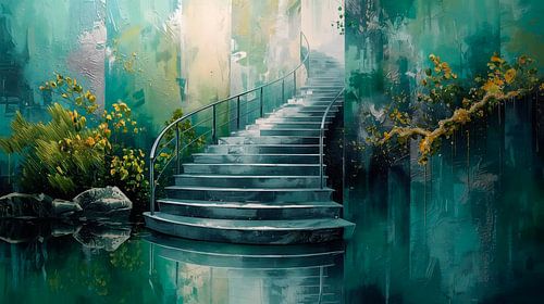Abstract staircase in emerald green &, silver with extreme depth