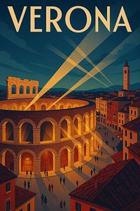 Verona Art Deco Travel Poster - Arena und historische Skyline