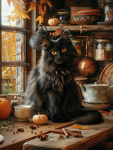 Pluizige kat in de herfstkeuken