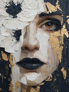 Modern Vrouw Portret met Goud en Bloem – Artistieke Wanddecoratie