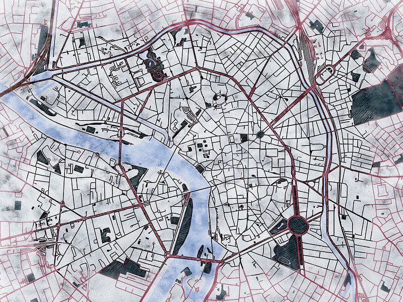 Map of Toulouse centrum with the style 'White Winter' by Maporia