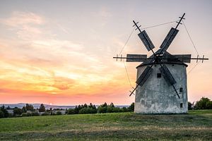 Alte Windmühle aus Stein und Holz im Sonnenuntergang
