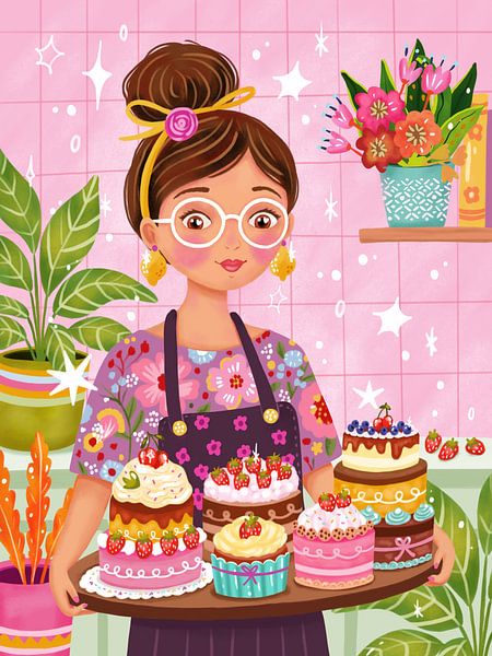 Woman with cakes pastry bakery colourful by Aniet Illustration