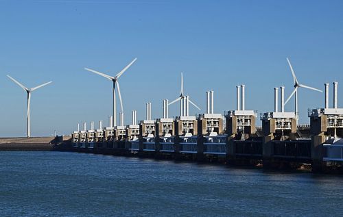 Oosterscheldekering vu de Neeltje-Jans en direction de la Roggeplaat