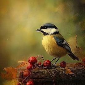 Kohlmeise mit roten Beeren - Warmes Herbstgemälde von Joriali Fotografie und Gemälde