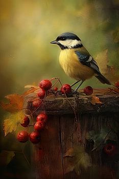 Koolmees met Rode Bessen - Warm Herfst Schilderij