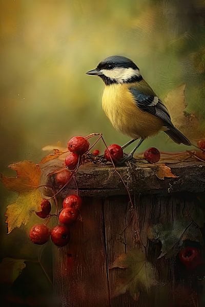 Great Tit with Red Berries - Warm Autumn Painting by Joriali photography and paintings