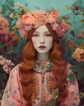 Modernes Porträt "Blumenmädchen" in Pastellfarben von Studio Allee