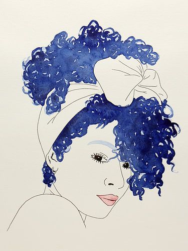 Sexy vrouw met grote bos krullen (aquarel schilderij portret lijntekening line art blauw strik mond)