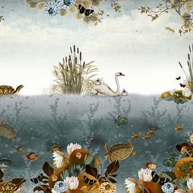 Beautiful print of an underwater world with swans and turtles.
