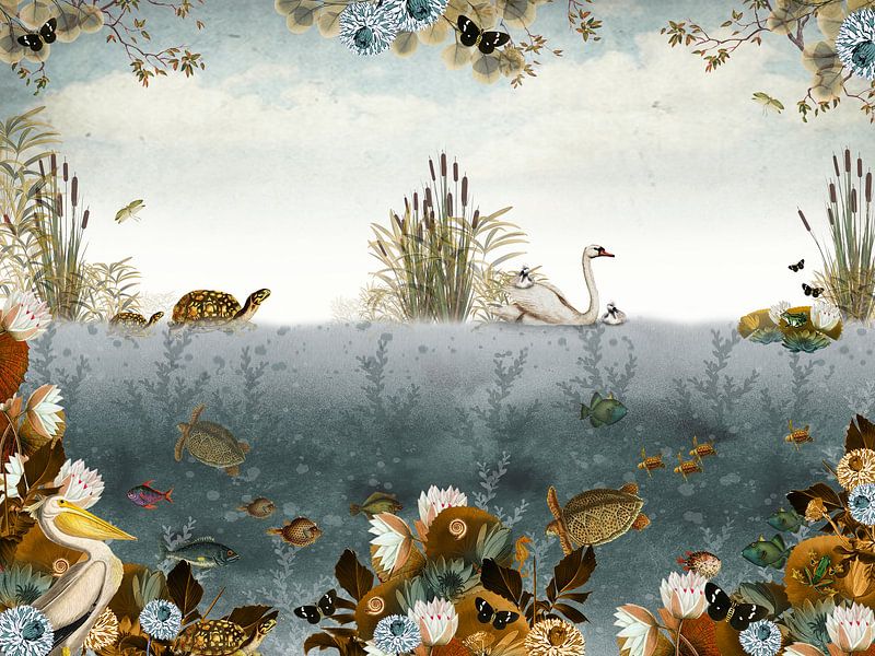 Belle illustration d'un monde sous-marin avec des cygnes et des tortues. par Studio POPPY