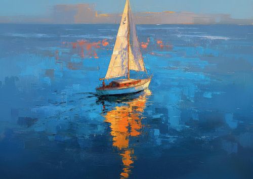 Zeilboot op zee - Abstract olieverfschilderij