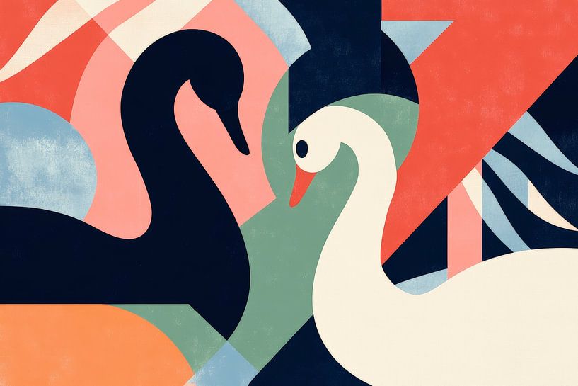 Pair of swans in geometric composition by Poster Art Shop