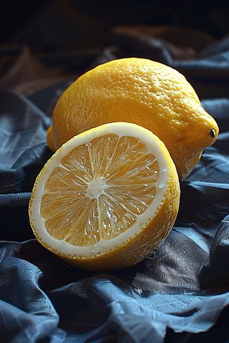 Een citroen, gesneden en ongesneden, op een doek