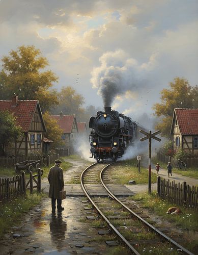 Stoomtrein op het kruispunt in het dorp