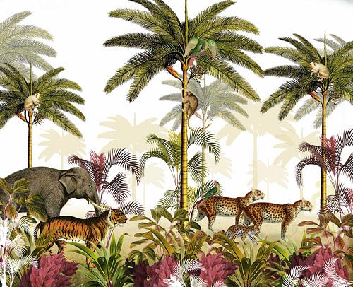 Des palmiers imprimés dans la jungle avec des tigres, des panthères et des éléphants