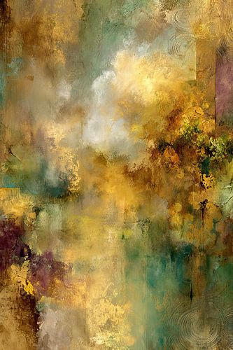 Abstract painting in warm autumn tones with gold and green
