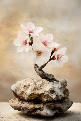 Een oude tak van een amandelbloesem bonsai op een steen