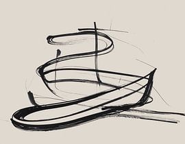 Minimal art - abstract kunstwerk met zwarte lijnen op beige ondergrond - zeilboot