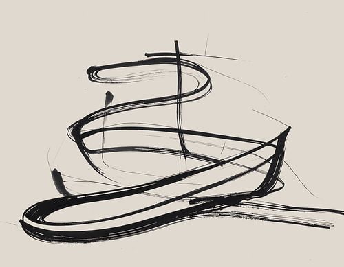 Minimal art - abstract kunstwerk met zwarte lijnen op beige ondergrond - zeilboot
