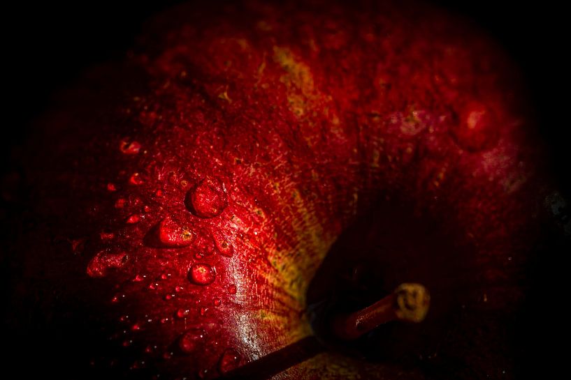 Macro pomme rouge avec goutte d'eau et vignette par Dieter Walther