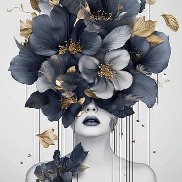 Surrealistische bloemenkroon in blauw en goud op een vrouwelijk portret van Color Square