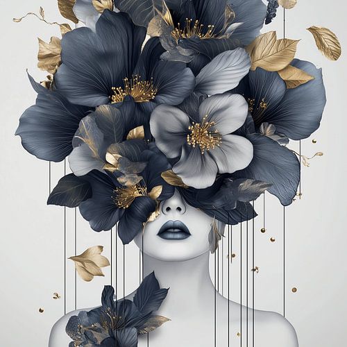 Surreale Blumenkrone in Blau und Gold auf einem Frauenporträt