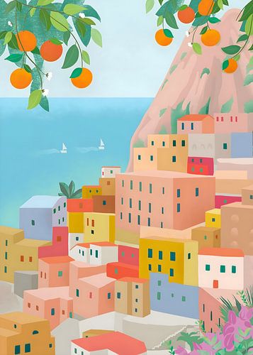 Colorful Mediterranean Hillside Village with Orange Trees Illustration
