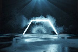 half luminous hexagon shape on concrete floor with puddles by Besa Art