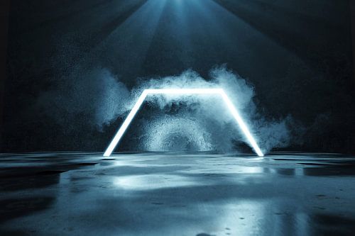 demi forme hexagonale lumineuse sur sol en béton avec flaques d'eau