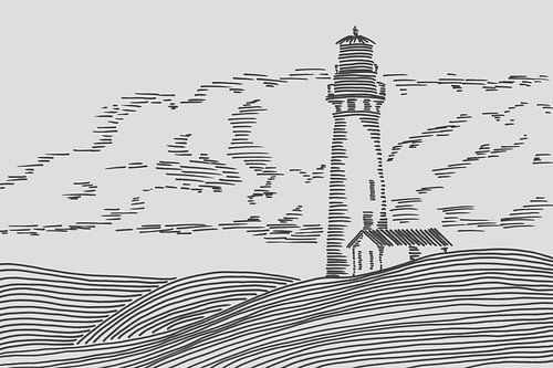 Lighthouse with dark clouds (abstract line drawing landscape hills line art beige sea light tower)