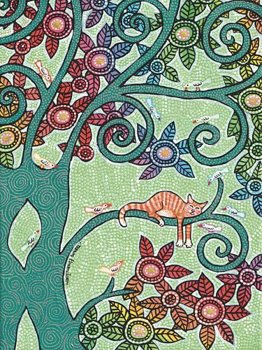Sleeping Cat in a Tree with Flowers and Birds