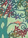 Sleeping Cat in a Tree with Flowers and Birds by Manon Elmendorp thumbnail
