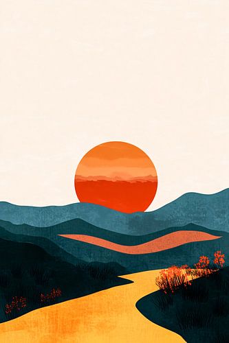 Minimalistisch landschap met zonsondergang