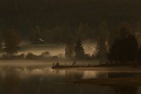 Foggy and moody sunset over a Swedish lake.