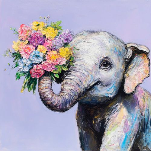 Olifant met kleurrijk boeket bloemen