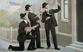 Vintage postcard showing three men singing a serenade by Patricia Hofmeester