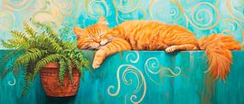 Fauler roter Kater mit Pflanze von Poster Art Shop