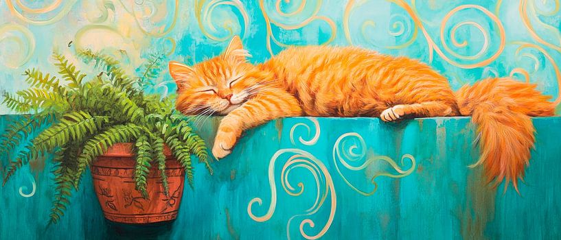 Lazy red tomcat with plant by Poster Art Shop
