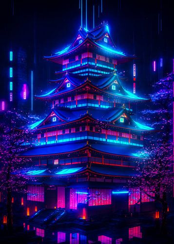 Sanctuaire japonais futuriste de style cyberpunk