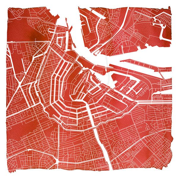 Amsterdam nord et sud | Plan de la ville rouge Carré avec cadre blanc par WereldkaartenShop