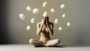Naked woman in meditation with floating stones by Frank Heinz