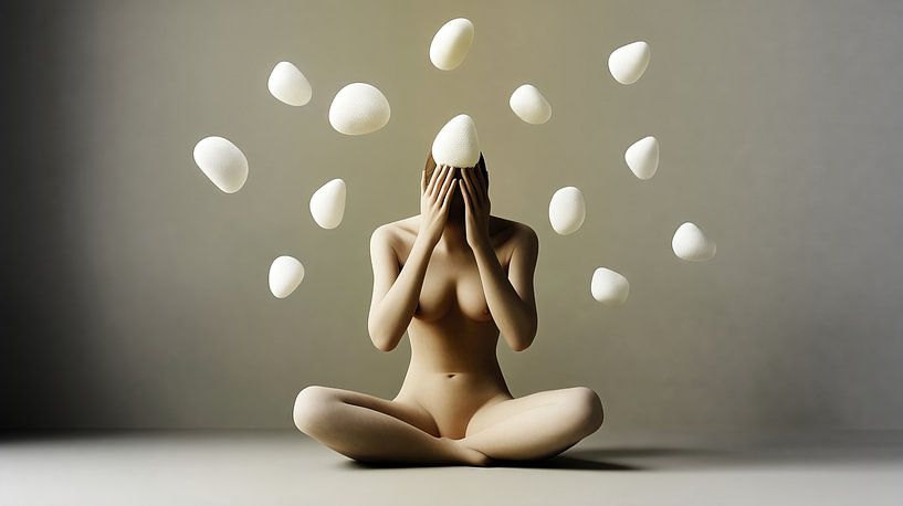 Naakte vrouw in meditatie met drijvende stenen van Frank Heinz