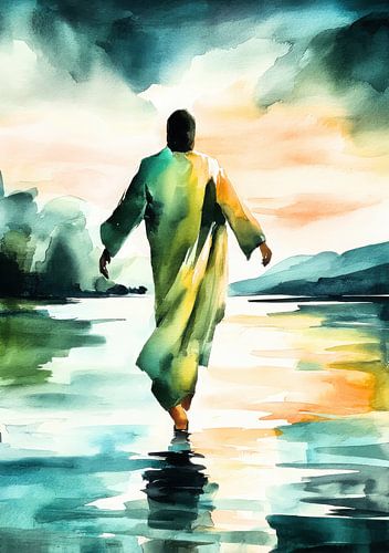 Jezus bij het water - Aquarel