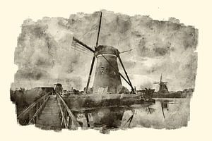 Aquarel molens Kinderdijk van Peter Bolman